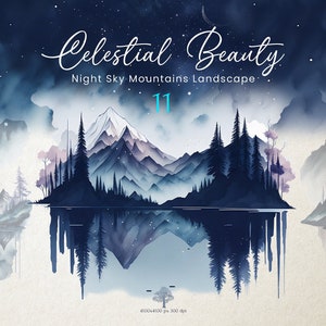 Beleza Celestial: Clipart de montanhas - Céu noturno em aquarela - Clipart de floresta - Paisagens de montanha - Montanhas no céu noturno Montanha enluarada