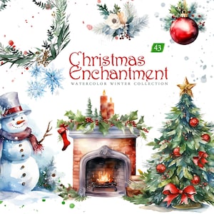 Christmas Enchantment, Christmas Watercolor Clipart, Christmas Floral Clipart, Wreath Clipart, Premade Clipart, Winter Scene, Winter Clipart