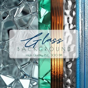 May include: A digital collage of four different glass textures. The textures include a blue and white geometric pattern, a green and blue geometric pattern, a gold and orange striped pattern, and a gray and white bubble pattern. The text "Glass Background High Quality PNG 300 DPI" is superimposed on the image.