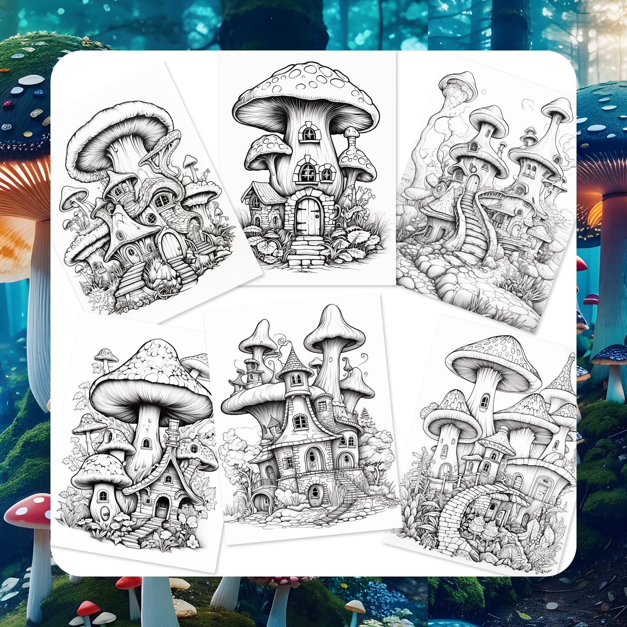 Whimsical Mushroom House Coloring Pages for Children 23 - Etsy
