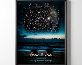May include: A dark blue and black night sky with stars and constellations over a beach scene. The text "Emma & Liam" is written in white with the date "Ball, hadisesia, June 11, 2009" and the coordinates "8 20'04.5" 115'03'17.7" below. The text "The Sky Was Ours That Night" is written in white below the coordinates.