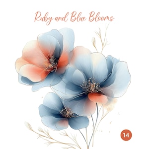 Puede incluir: Pintura de acuarela de tres flores azules y rosas con detalles dorados. Las flores están dispuestas en un ramo y el fondo es blanco. El título "Ruby and Blue Blooms" está escrito en rosa en la parte superior de la imagen. El número "14" está escrito en un círculo en la esquina inferior derecha de la imagen.
