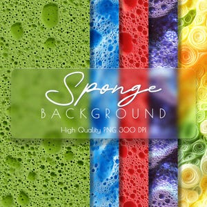 May include: Five different colorful sponge textures, each with a unique pattern of bubbles. The textures are green, blue, red, purple, and yellow. The image is labeled "Sponge Background High Quality PNG 300 DPI".
