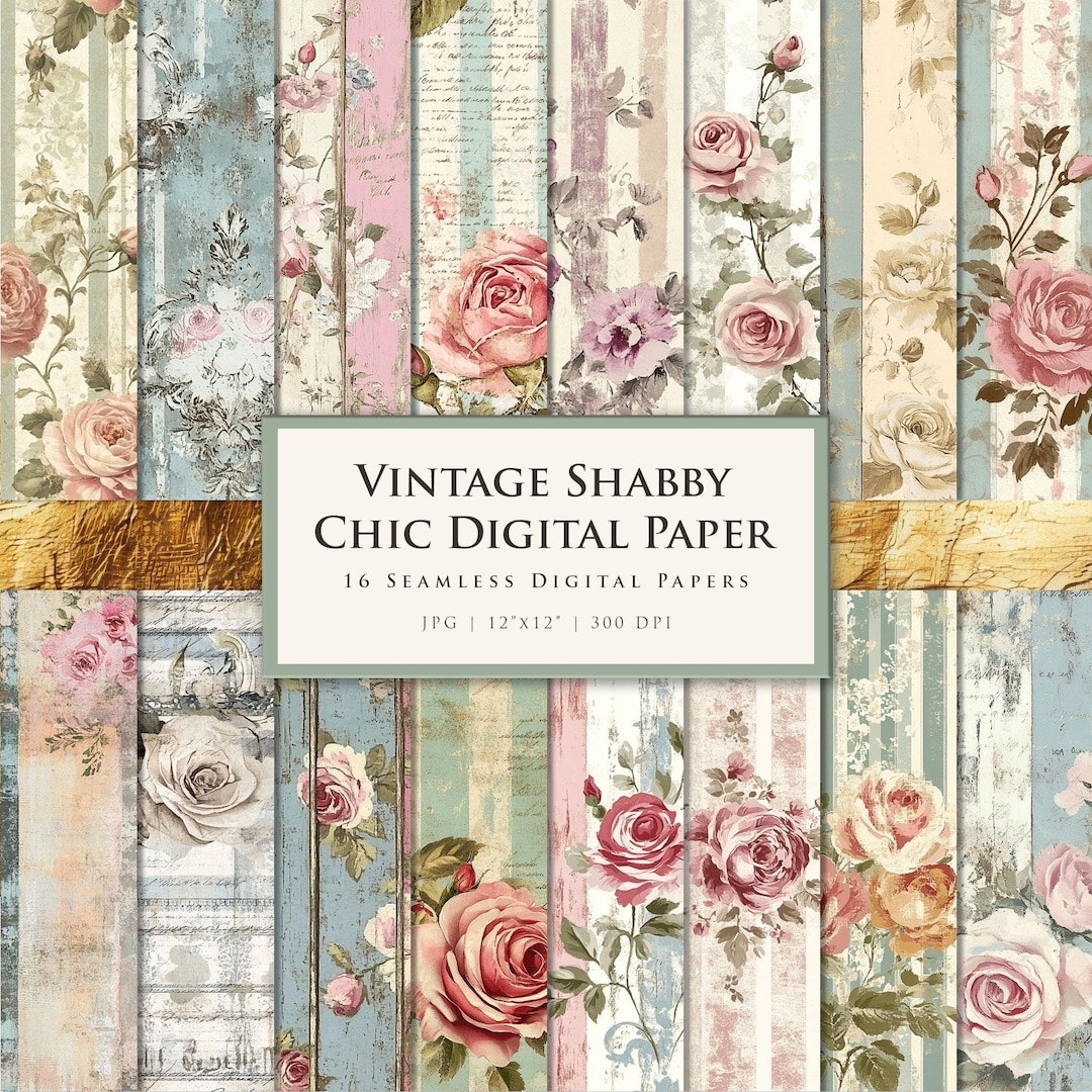 Shabby Chic Vintage Digital Paper Pack Roses, French Ephemera, Lace ...