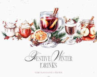 Aquarell Winter Drinks Clipart: Festliche Cocktails, Kaffee, Kakao (digitaler Download)