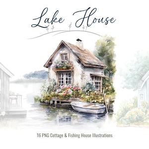 Lake House aquarel clipart png Cottage en vissershuis illustraties, hut aan het meer, rustieke landschapskunst, perfect voor uitnodigingen
