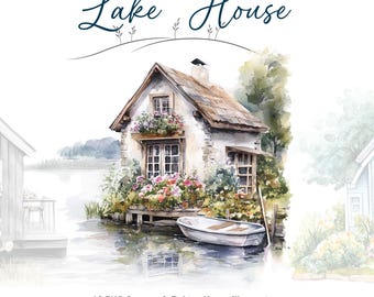 Watercolor Lake House Clipart: Cottage & Cabin Illustrations (PNG Digital Download)