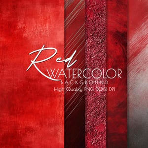 May include: Set of five red watercolor backgrounds. The backgrounds have different textures, including a smooth, textured, and a striped pattern. The text "Red Watercolor Background High Quality PNG 300 DPI" is at the bottom of the image.