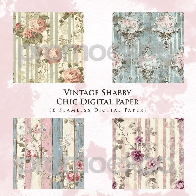 Antique Pattern Library Pastel Shabby Chic Vintage Digital Paper Pack Roses, French Ephemera, Lace ...