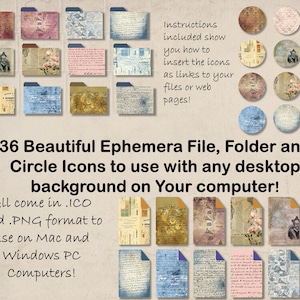 May include: A collection of 36 digital icons in .ICO and .PNG format. The icons are in the style of vintage ephemera, with a variety of textures and patterns. The icons include folders, files, and circles. The text on the image reads: "36 Beautiful Ephemera File, Folder and Circle Icons to use with any desktop background on Your computer! All come in .ICO and .PNG format to use on Mac and Windows PC Computers!"