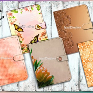 May include: Five digital planner covers with orange and peach color schemes. The covers feature floral designs, butterflies, and a tulip. The text "SuzyQCreatives" appears on each cover. The text "Files in PNG format Readable by Goodnotes, Notability, Other graphic readers" appears in the upper right corner.