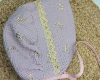 Baby hat hat girls muslin lace size 45-47 cm butterflies pink glitter