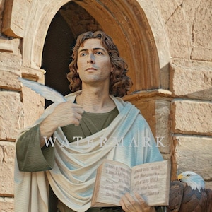 May include: A statue of a man in a white and green robe holding an open book. He is standing in a stone archway. A white dove is flying behind him. A brown and white eagle is perched on a ledge to the right of the statue.
