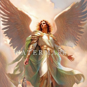 May include: A winged angel with long flowing hair and a golden robe stands on a rocky outcropping. The angel holds a fish on a string in their right hand. The background is a cloudy sky.
