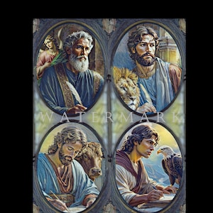 May include: A framed artwork featuring four oval portraits of biblical figures. Each portrait depicts a man writing, accompanied by an angel, a lion, a bull, and an eagle. The artwork has a dark background and ornate frame.