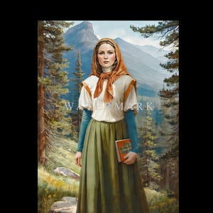 May include: A portrait of a person wearing a white top with brown trim, a green skirt, and a brown head covering, holding a book with a green cover. The background shows a mountain range and a forest, with a watermark across the image.