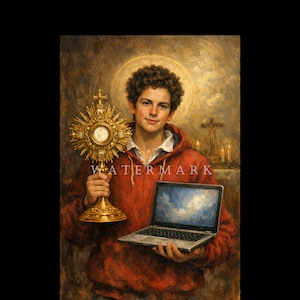 May include: A digital painting of a young person holding a golden monstrance and a laptop. The person is wearing a red hoodie and has a halo. The background features a cross, candles, and a golden glow.