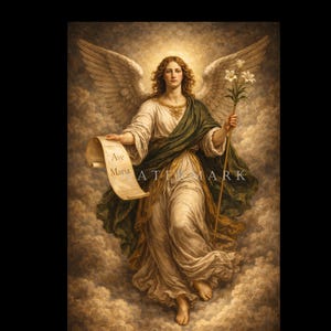 Può includere: Dipinto classico di un angelo con grandi ali piumate, vestito con abiti bianchi e verdi, su uno sfondo nuvoloso. L'angelo tiene in mano una pergamena con "Ave Maria" e un bastone con gigli bianchi. L'opera d'arte è in stile classico.