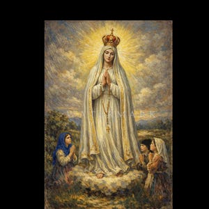 May include: An artistic painting depicts a woman in a white robe and gold crown, hands clasped in prayer. She is surrounded by a golden aura and three figures in prayer. The artwork has a religious theme.