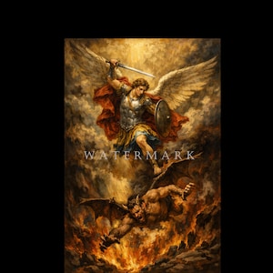 May include: An oil painting depicts a celestial figure with large wings, wielding a sword and shield, battling a demonic figure amidst flames. The artwork features a dramatic contrast of light and shadow, with the word "WATERMARK" visible.
