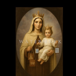 May include: An oval-shaped painting depicts a woman and child, both adorned with gold crowns. The woman, wearing a tan veil and brown robe, holds the child, who is dressed in white. They hold small framed objects.