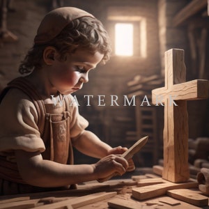 The Child Jesus Making a Cross in St. Joseph&#39;s Carpenter Shop Custom Digital Oil Painting DIGITAL DOWNLOAD