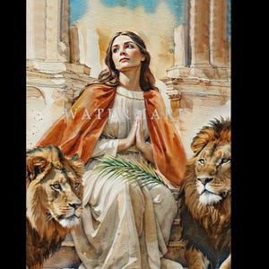 May include: A woman in a white dress and orange robe with her hands clasped in prayer. She is surrounded by two lions, one on each side of her. The background is a watercolor painting of a stone building.
