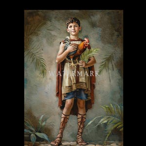 Może przedstawiać: Młoda osoba w rzymskim stroju, trzymająca koguta i liść palmy. Osoba ta ma na sobie brązową pelerynę, kremową tunikę ze złotymi wykończeniami i niebieskie szorty. Brązowe, sznurowane sandały dopełniają wygląd. Tło przedstawia palmy.