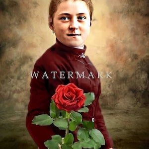CUSTOM CREATION St. Therese of Lisieux the Little Flower - Digital Download - Colorized Digital Photo Painting - Therese Offers You a Rose