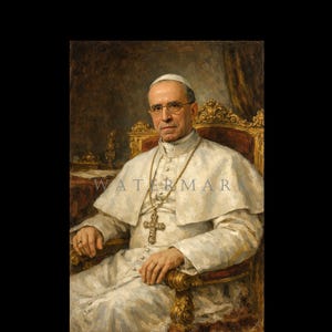 Może przedstawiać: Portret mężczyzny w stroju religijnym, siedzącego na ozdobnym krześle. Ma na sobie białą szatę, pelerynę i złoty krzyż na szyi. Mężczyzna nosi okulary i białą piuskę. Tło przedstawia ciemną zasłonę i stół.