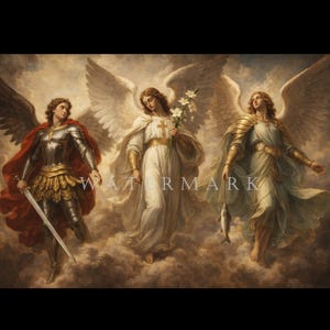 May include: A painting of three angels with large feathered wings. One angel is in armour and a red cape, holding a sword. Another holds white flowers, and the third holds a fish. The artwork is set against a cloudy, sepia-toned background.