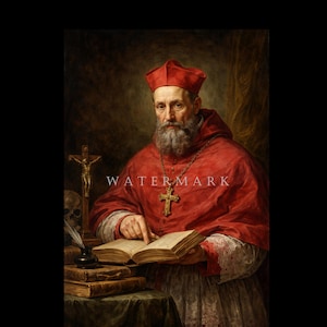 May include: A portrait of a man in a red robe and hat, holding an open book. A gold cross hangs around his neck. A small crucifix and skull are visible on a table in the foreground. The word "WATERMARK" is printed across the image.