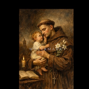 May include: A vintage painting depicts a man in a brown robe holding a baby with a halo. The man gazes at the baby, who is wearing a white garment. A lit candle, an open book, and white flowers are also visible. The artwork has a religious theme.