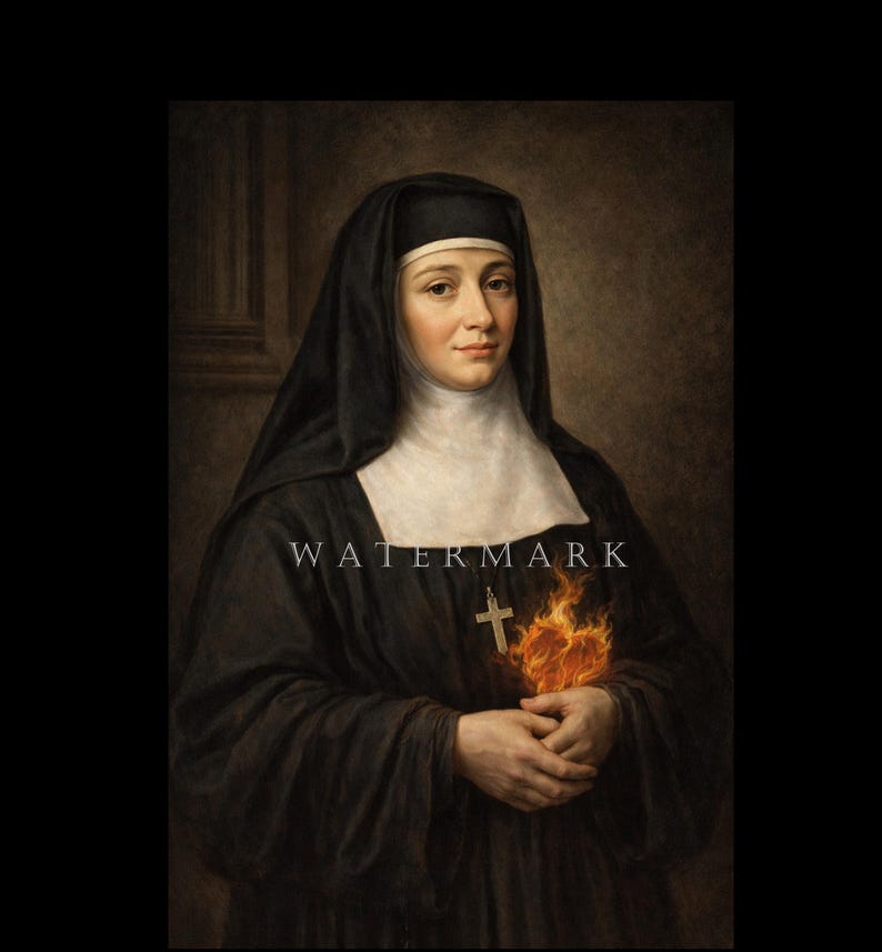 Op de afbeelding: Een portret van een non in een zwarte habijt en witte sluier, met een vlammend hart en een kruis. De afbeelding heeft een vintage esthetiek, met een watermerk onderaan.