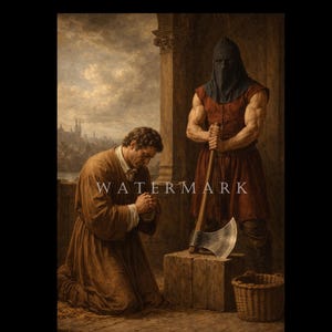 Puede incluir: Pintura histórica que representa a un hombre arrodillado en oración, vestido con túnicas marrones, con las manos juntas. Un verdugo encapuchado está detrás de él, sosteniendo un hacha. Un bloque de madera y una cesta están en primer plano. La escena está ambientada al aire libre.