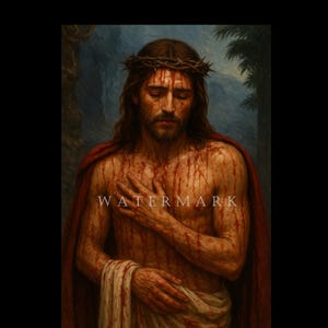 May include: A painting depicting a man with long brown hair, a beard, and a crown of thorns. The man is wearing a red cloak and a white cloth. Blood is visible on his chest and arms. The word "WATERMARK" is printed across the image.