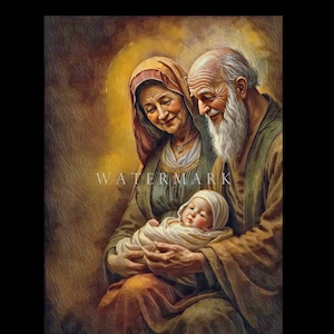 Puede incluir: Una pintura al óleo representa a una pareja de ancianos mirando a un bebé envuelto. La mujer lleva un tocado y un collar. El hombre tiene una larga barba blanca. La pintura tiene una paleta de colores cálidos con una marca de agua.