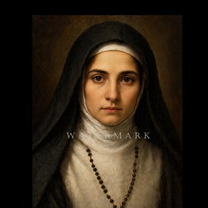 Puede incluir: Retrato de una mujer con hábito de monja, con velo negro y toca blanca. Un rosario cuelga de su cuello. La imagen tiene una marca de agua en el centro. La mujer tiene una expresión seria.