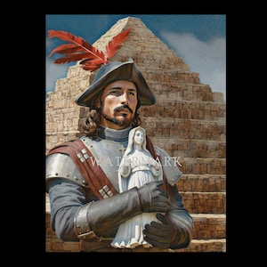 Puede incluir: Representación artística de un hombre con atuendo histórico, sosteniendo una estatua blanca de una mujer. Lleva un sombrero con plumas rojas, una coraza de metal y una faja roja. Una pirámide de piedra se encuentra en el fondo.