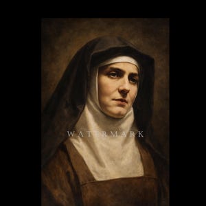 Puede incluir: Retrato de una mujer con hábito de monja. Lleva un velo negro, una toca blanca y una túnica marrón. La imagen tiene una calidad suave y pictórica con una marca de agua en la parte inferior.