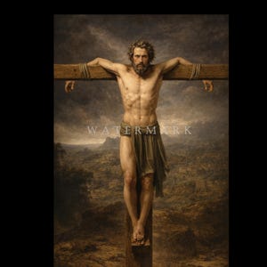 Może przedstawiać: Obraz przedstawiający mężczyznę na krzyżu, z brodą i draperią. Tło ukazuje krajobraz pod ciemnym, pochmurnym niebem. Klasyczne dzieło sztuki.