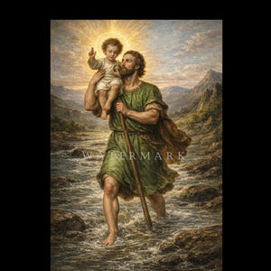 Puede incluir: Una pintura artística representa a un hombre llevando a un niño a través de un río. El hombre viste una túnica verde y sostiene un bastón, mientras que el niño está rodeado por un halo dorado. El fondo muestra montañas y un río.
