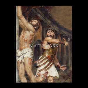 May include: A painting depicting a scene of a man being whipped by another man. The man being whipped is tied to a pillar and is covered in blood. The man whipping him is wearing a tunic and armor and is holding a whip. The scene is set in a Roman courtyard.