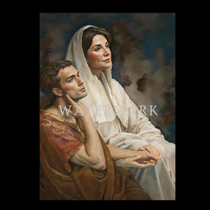 Op de afbeelding: Een schilderij van een vrouw en een man die omhoog kijken. De vrouw draagt een witte jurk en de man draagt een bruine jurk met een rode band. De achtergrond is een bewolkte lucht.