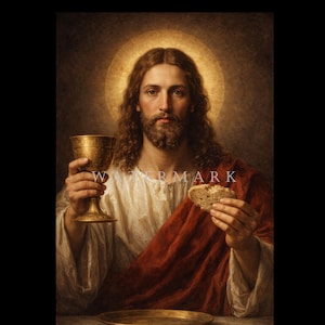 May include: A religious painting depicts a man with long brown hair and a beard, holding a golden chalice and a piece of bread. He wears a white robe and a red cloth. A golden halo surrounds his head.