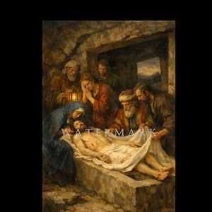 May include: An oil painting showing a biblical scene with several figures gathered around a figure lying in a stone tomb. The figures wear robes in blue, red, and brown. One figure holds a lantern, illuminating the scene.