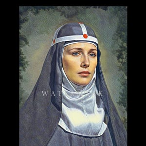 May include: A portrait of a woman in a dark grey habit and veil, with a white wimple and a head covering featuring a white cross and red accents. The image has a painterly style with a soft focus and a blurred background.
