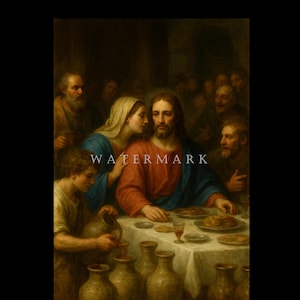 Puede incluir: Una pintura clásica que representa una escena con varias figuras reunidas alrededor de una mesa. La figura central, vestida con túnicas rojas y azules, es el foco. Otras figuras están en el fondo, y un joven vierte líquido de una jarra. La palabra "WATERMARK" es visible.