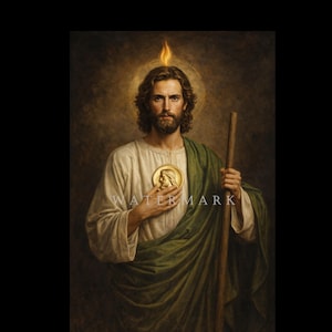 Puede incluir: Un retrato de un hombre con cabello castaño largo, barba y halo. Viste una túnica blanca y un chal verde, sosteniendo un medallón dorado. Un bastón de madera está en su mano derecha. Una llama está sobre su cabeza.