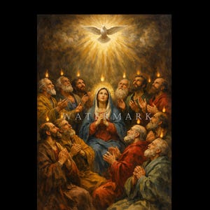May include: A religious painting depicting a dove surrounded by rays of light, above a group of figures. The figures are looking up, with their hands clasped in prayer. The painting has a watermark.